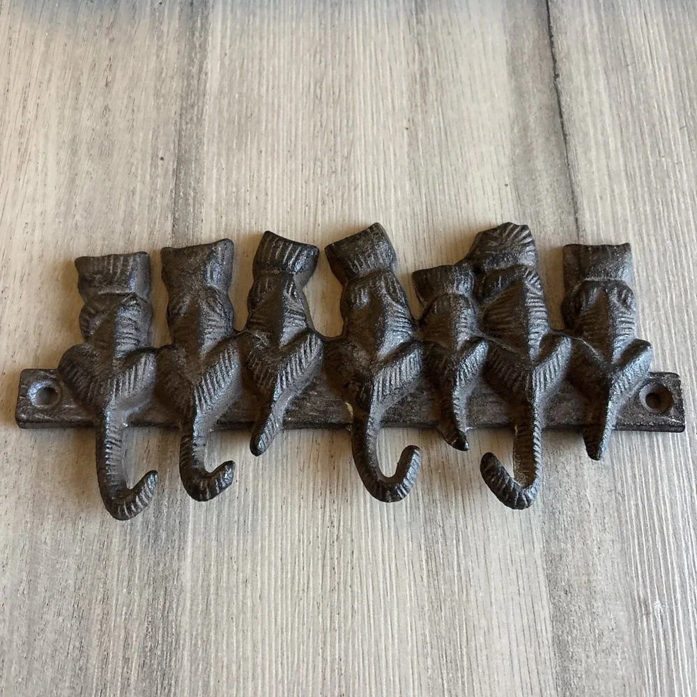 Vintage Cast Iron Cat Wall Hooks Rack 5 Hook Hanger Rustic Key Coat Leash Kitty